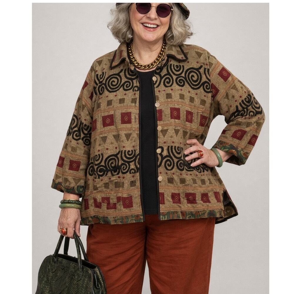 Vintage 2X Tally-Ho REVERSIBLE Geometric Art Tapestry Button-up Collared Jacket - Picture 14 of 14